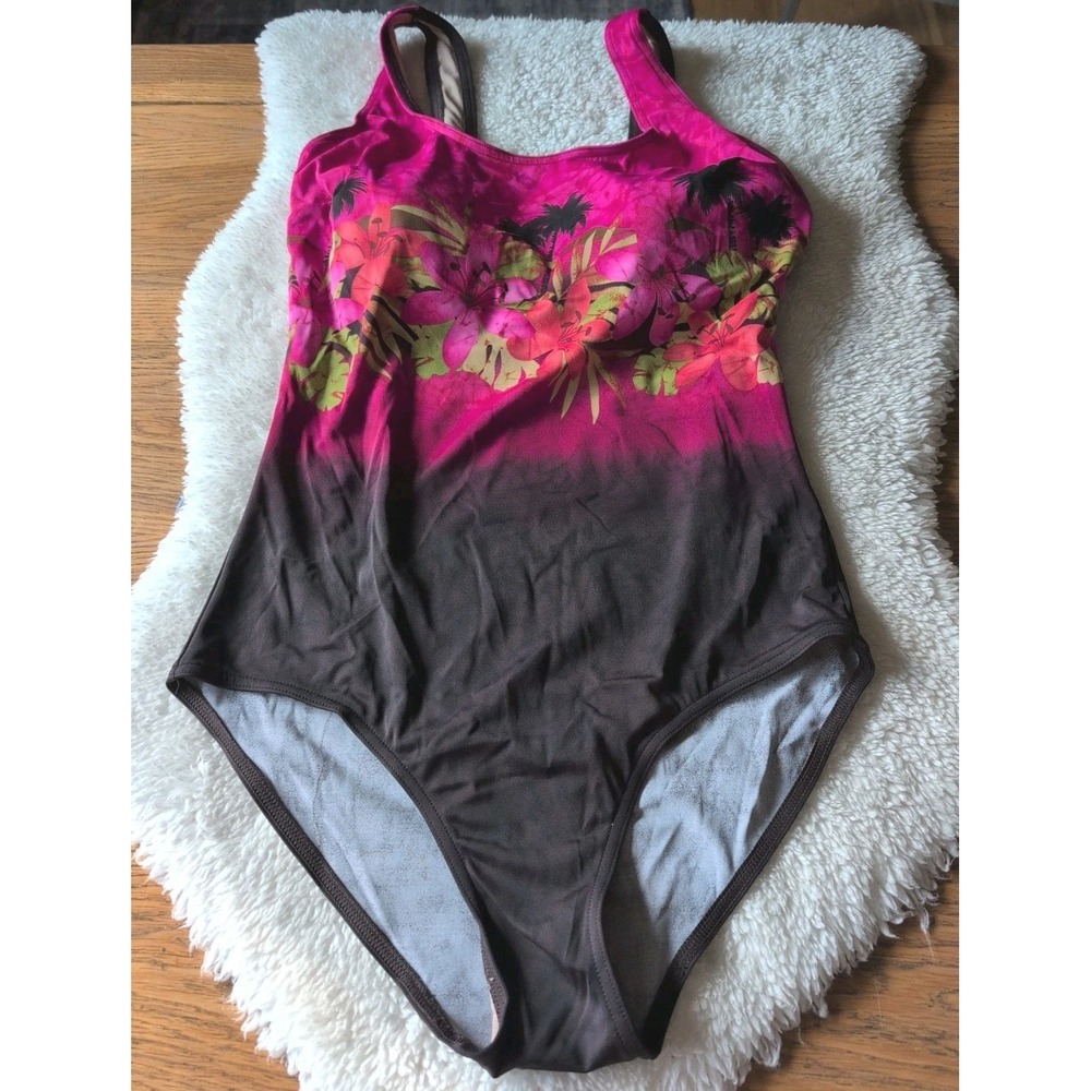 Islander One Piece Swimsuit Built In Soft Bra High Back Tropical Design Pink GUC